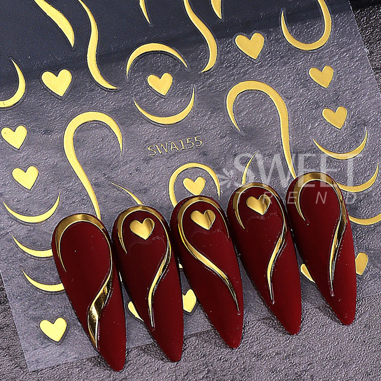 4pcs Valentine's Day Nail Art Stickers 3D Gold/Silver French Lines Love Heart Nail Decals Adhesive Slider Manicure Decorations