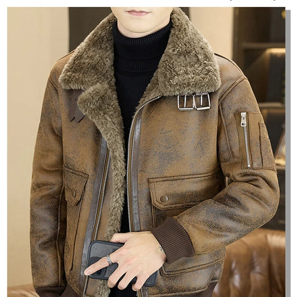 2025 Winter Fur Integrated Leather Jacket Men Thick Velvet Imitation Fur Leather Coat Loose Motorcycle Coat Casual Streetwear
