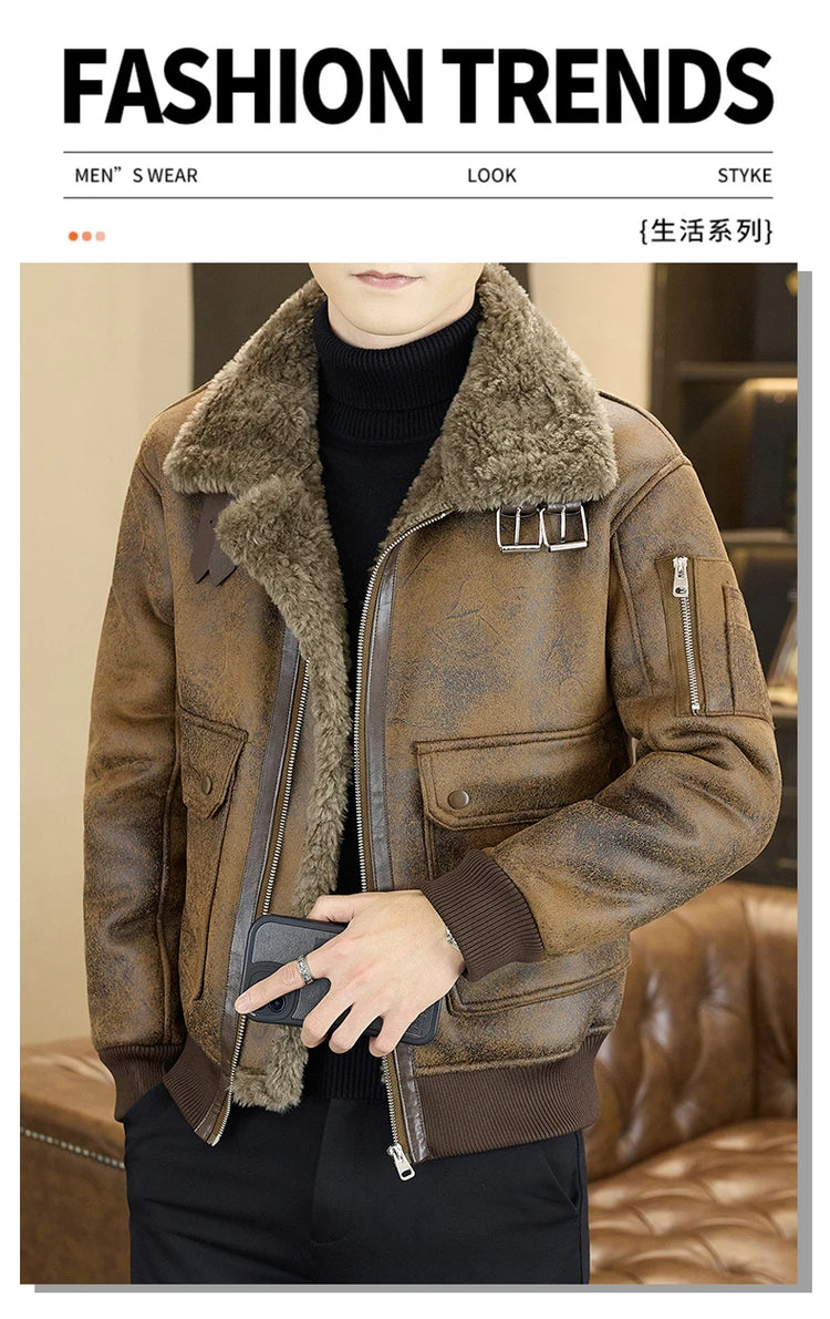 2025 Winter Fur Integrated Leather Jacket Men Thick Velvet Imitation Fur Leather Coat Loose Motorcycle Coat Casual Streetwear