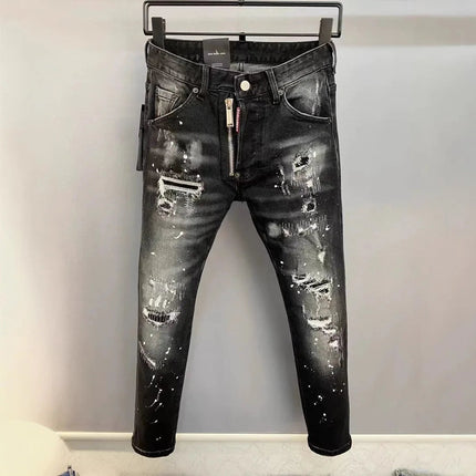 Light Luxury Washed Jeans Men's Trendy Brand Ruffian Handsome Black Ripped Patch Slim Fit Small Feet Casual Long Pants PlatiNum