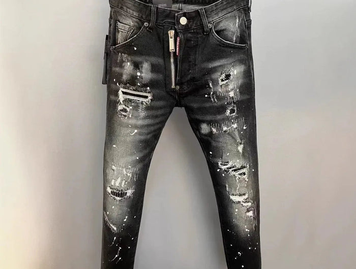Light Luxury Washed Jeans Men's Trendy Brand Ruffian Handsome Black Ripped Patch Slim Fit Small Feet Casual Long Pants PlatiNum