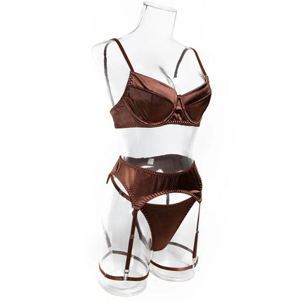 Ellolace Elegant Women's Lingerie Sets Premium Satin Solid Bra 5PC Sexy Daily Youth Hot Girl's Underwear Private Party Costume