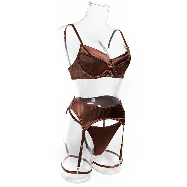 Ellolace Elegant Women's Lingerie Sets Premium Satin Solid Bra 5PC Sexy Daily Youth Hot Girl's Underwear Private Party Costume