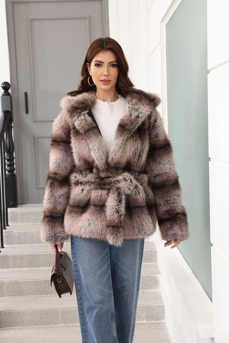 ZADORIN New Stripes Winter Fur Coats Woman Mid Long Hooded Warm Loose Faux Fur Coat For Woman Elegant Belted Fluffy Fur Jacket