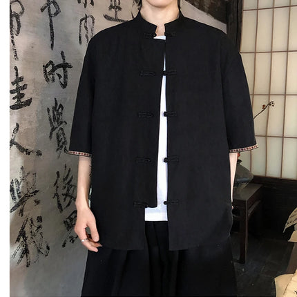 Camicie retrò da uomo, estive, eleganti, larghe, casual, leggere, sottili, traspiranti, in stile cinese, vintage, con calligrafia tradizionale.