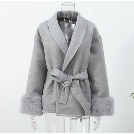 Women Grey Fur Splicing Woolen Coat Casual Belt Full Sleeve Lapel Loose Cardigan Outwear 2025 Lady Winter New Highstreet Jacket