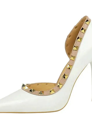 2025 Nuovo Sexy Nero Sottile Tacchi Alti 10.5 Centimetri Scarpe da Donna Testa A Punta Rivetto Pompe da Donna in Pelle Verniciata Stiletto Scarpe da Discoteca platinumshop