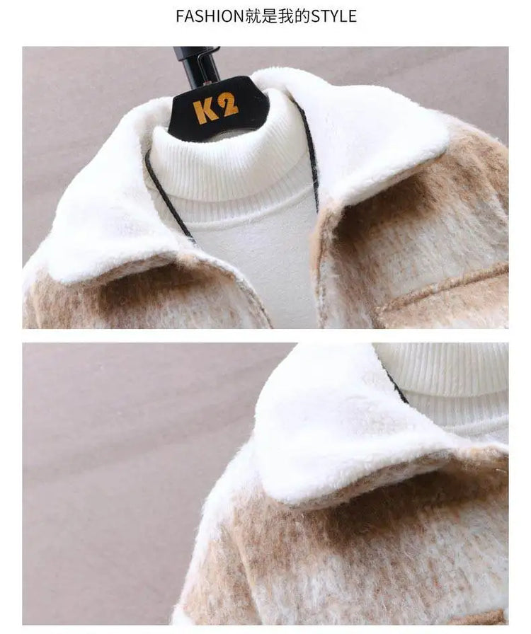 Retro Men's Woolen Coat Winter Add Velvet Keep Warm Jackets Classic Plaid Print Loose Casual Trench Blends Jacket Men Clothing