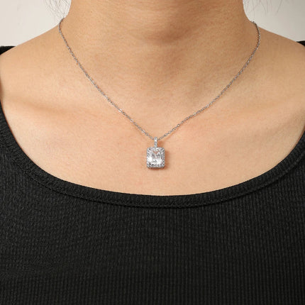 ZAKOL Simple Geometric Crystal White Zircon Pendant Necklace For Women Silver-Color Wedding Party Jewelry Gift With Box PlatiNum