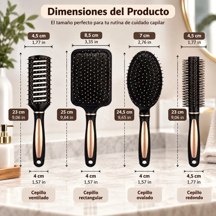Set of 4 Professional Hair Brushes in Black and Gold, Hairdressing Kit with Paddle, Round, Oval and Ventilated Brushes for Detangling and Styling All Hair Types