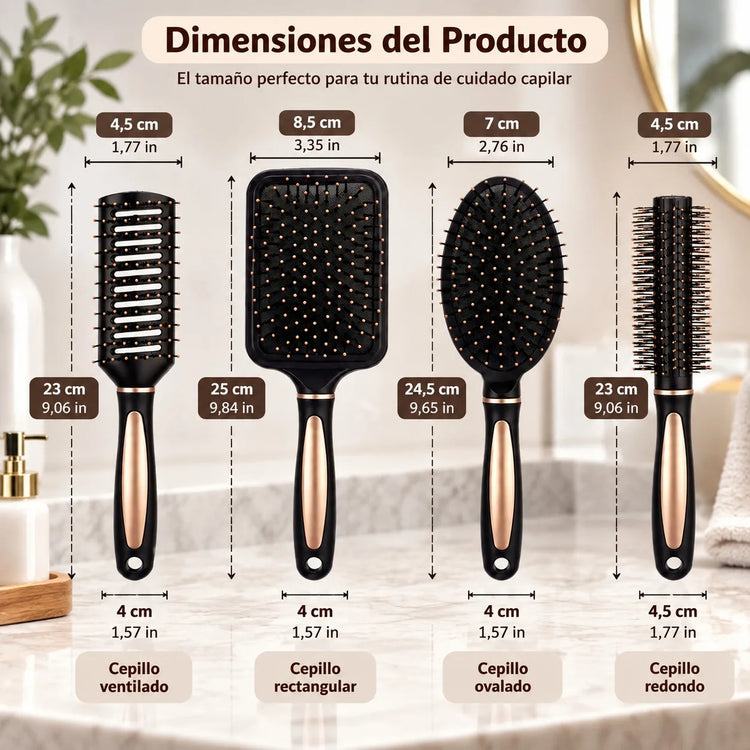 Set of 4 Professional Hair Brushes in Black and Gold, Hairdressing Kit with Paddle, Round, Oval and Ventilated Brushes for Detangling and Styling All Hair Types