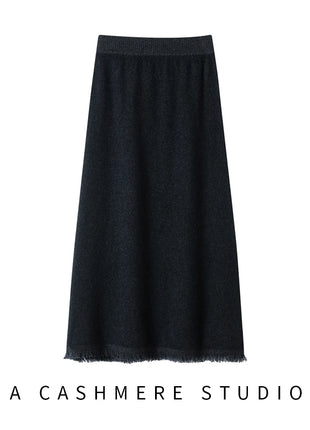 Women Cashmere A-Line Tassel Skirt High Waist Office Lady Retro Autumn Winter 100% Cashmere Knitwear Graceful Regular Fit Dress
