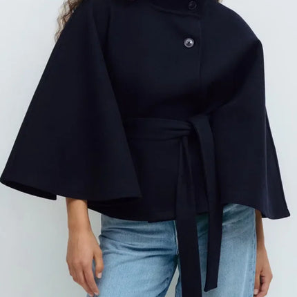 Stand Collar Lace Up blend fiber Coat Women's Fashion Long Batwing Sleeve Solid Single Breasted Cape Coat Autumn Winter Outfits