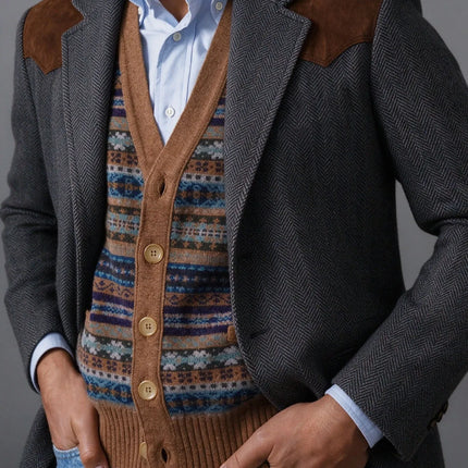 Herringbone Tweed Men's Blazer Jacket Wool Blend Suede Patch Shoulder Men's Sport Coat Business Casual Slim Fit For Oktoberfest