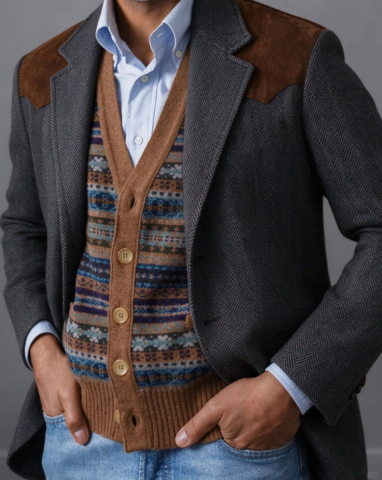 Herringbone Tweed Men's Blazer Jacket Wool Blend Suede Patch Shoulder Men's Sport Coat Business Casual Slim Fit For Oktoberfest