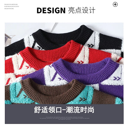 New Men's Fashion Round Neck Print Sweater Autumn Winter Contrast Color Printed Letter Long Sleeve Loose Casual Knitted Tops