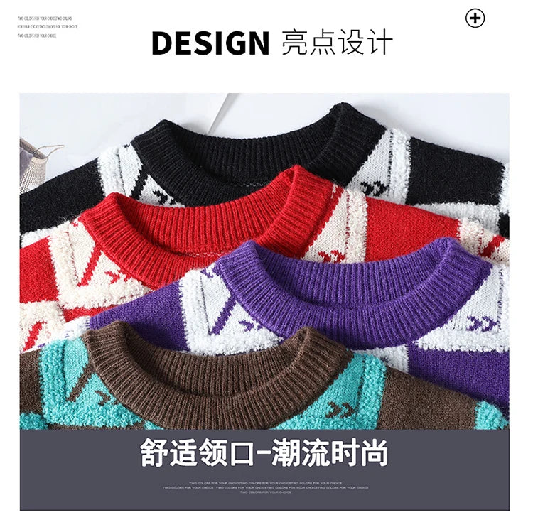 New Men's Fashion Round Neck Print Sweater Autumn Winter Contrast Color Printed Letter Long Sleeve Loose Casual Knitted Tops
