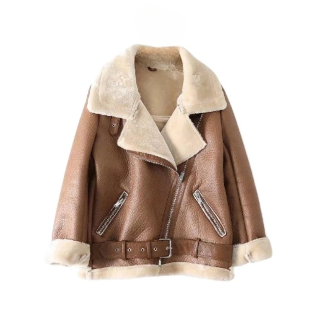 2024 winter women's clothing fashion locomotive version lapel fur integrated thickened thermal coat leather jacket