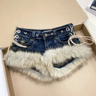 REDDACHiC Gyaru Y2k Low Rise Jean Shorts Trendy Butterfly Rivets Hollow Lace-Up Furry Cuffs Denim Shorts Retro Hot Women Bottoms PlatiNum