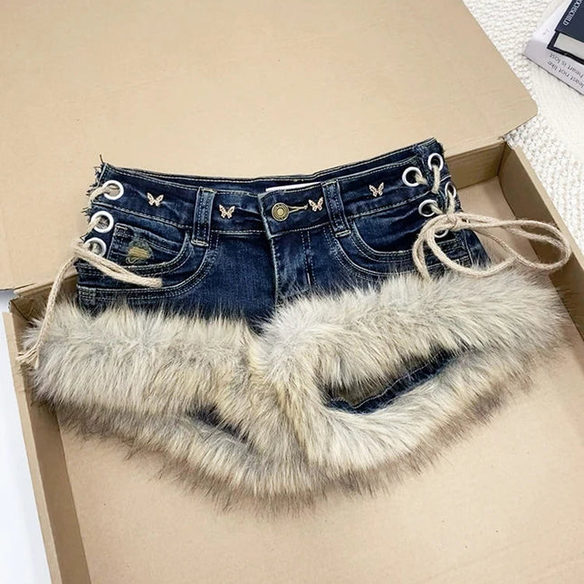 REDDACHiC Gyaru Y2k Low Rise Jean Shorts Trendy Butterfly Rivets Hollow Lace-Up Furry Cuffs Denim Shorts Retro Hot Women Bottoms PlatiNum