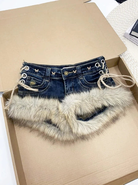 REDDACHiC Gyaru Y2k Low Rise Jean Shorts Trendy Butterfly Rivets Hollow Lace-Up Furry Cuffs Denim Shorts Retro Hot Women Bottoms PlatiNum