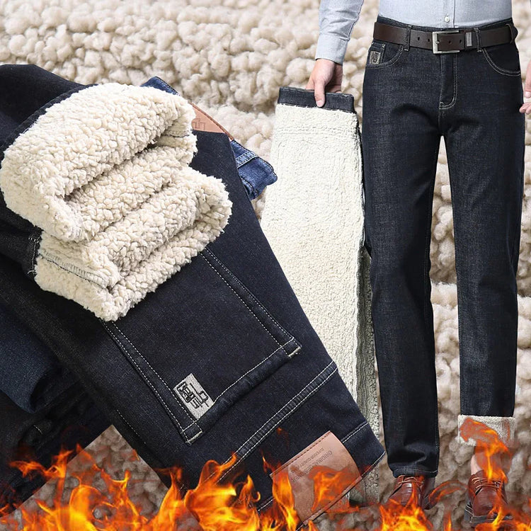 Winter Thermal Fleece Stretch Jeans Mens Business Casual Brand Fleece Pants Men Straight Flocking Thick Trousers Blue Black