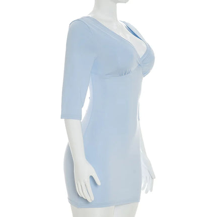 Women's Tsiisd Blue Mini Dress with Deep V-Neck, Elegant Bodycon Dress for Office, Summer, Daily, Streetwear, Fashion, Party
