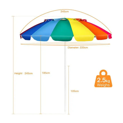 Ombrellone da Spiaggia 2,45m con 8 Stecche in Fibra di Vetro Regolabili, Resistente al Vento, Portatile, con Borsa per il Trasporto, per Spiaggia, Patio e Giardino