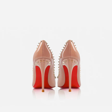 Scarpe col tacco di lusso da donna Fondo rosso lucido Décolleté a punta Rivetti di colore nudo Tacchi alti sottili Scarpe eleganti da donna di moda platinumshop