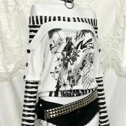 Japanese Gothic Vintage Punk Women Hoodie Striped Patchwork Cat Print Hollow Out Slim Long Sleeve Soft Pullovers 2025 Autumn New
