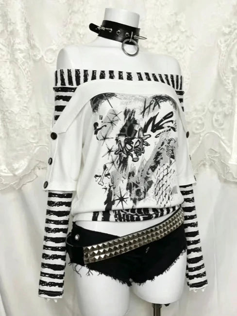 Japanese Gothic Vintage Punk Women Hoodie Striped Patchwork Cat Print Hollow Out Slim Long Sleeve Soft Pullovers 2025 Autumn New