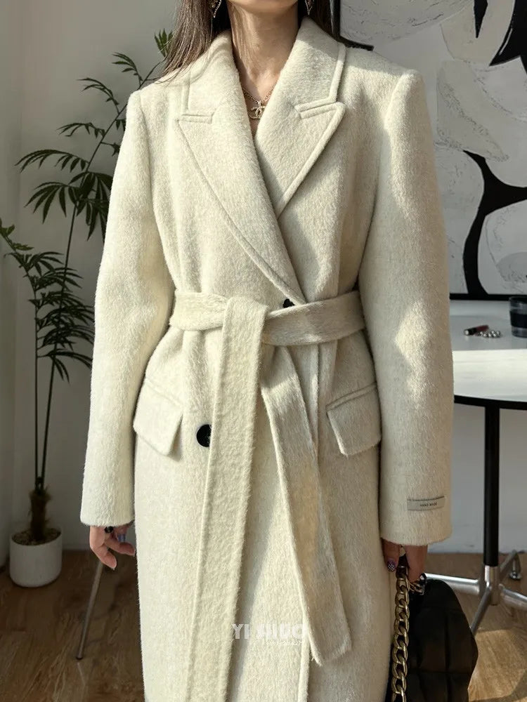 High-end White Thick Double-sided Wool Cashmere Coat Long Women Fashion Casual Loose Lapel Lace-up Woolen Jacket Autumn Winter