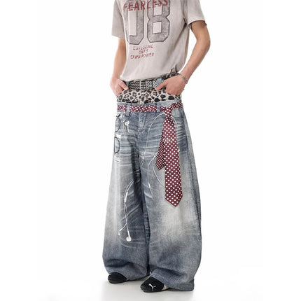 KEQI Jeans Blu da Uomo Y2k Gyaru Punk Oversize con Stampa 3D, Pantaloni in Denim Vintage Hiphop Grunge Baggy, Abbigliamento Alternativo