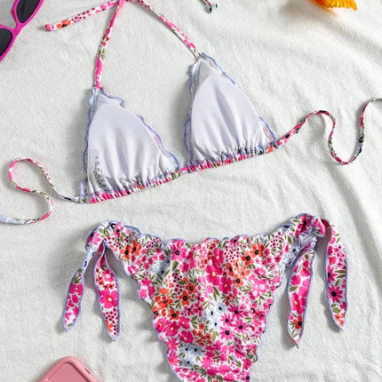 Nuovo Set Bikini Donna Estivo con Stampa Floreale Arancione, Halter con Volant, Push-Up e Perizoma con Laccetti Laterali PlatiNum
