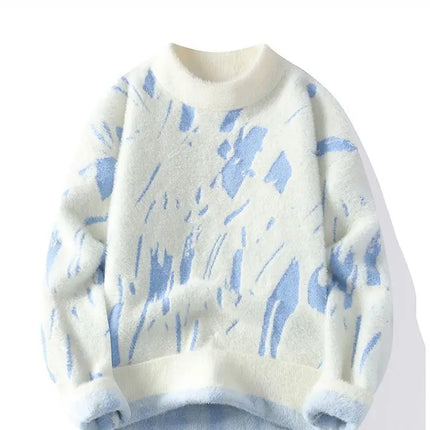 Winter Men's Thickened Fleece Sweater Irregular Jacquard Pattern Casual Round Neck Pullover Tops Striped Soft Knitted Sweaters