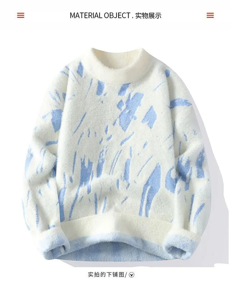 Winter Men's Thickened Fleece Sweater Irregular Jacquard Pattern Casual Round Neck Pullover Tops Striped Soft Knitted Sweaters