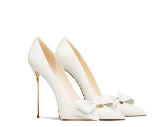 Eleganti scarpe con tacco a spillo a punta con fiocco beige da donna in vera pelle 2025 autunno