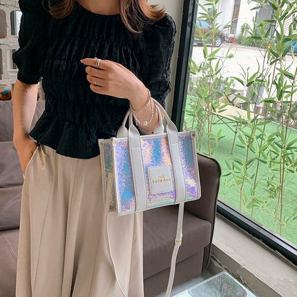 Sequins Top-Handle Bags Fashion PU Leather Shoulder Bag Large Capacity Travel Handbag Women Trendy Casual Satchel Tote Purse PlatiNum
