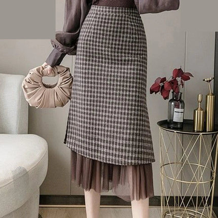 Woolen plaid skirt autumn and winter 2025 new plaid foreign style small man a word hip wrap medium and long skirt PlatiNum