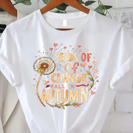 Comoda maglietta con stampa da donna Breathe in the Autumn Air T-shirt floreale da donna, stile stagione autunnale