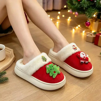 2026 Women Cute Santa Claus Plush Christmas Slippers Winter Warm Furry Fur Indoor Slippers Woman Platform Home Slides Girls Gift