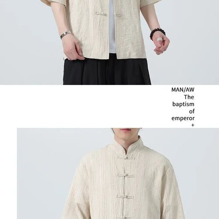 Camicie a Righe da Uomo Estive in Stile Cinese Tradizionale, Camicie Traspiranti in Lino, Abbigliamento Maschile Retrò per Kung Fu e Tai Chi, Completo Casual Tang