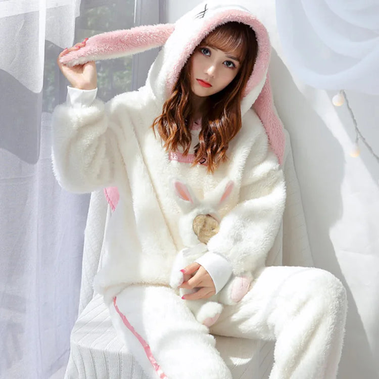 2024 New Plush Pajamas Set for Women Thick Hooded Women 2 Piece Clothes Set Cute Rabbit Women Pyjamas Coral Fleece Warm Homewear