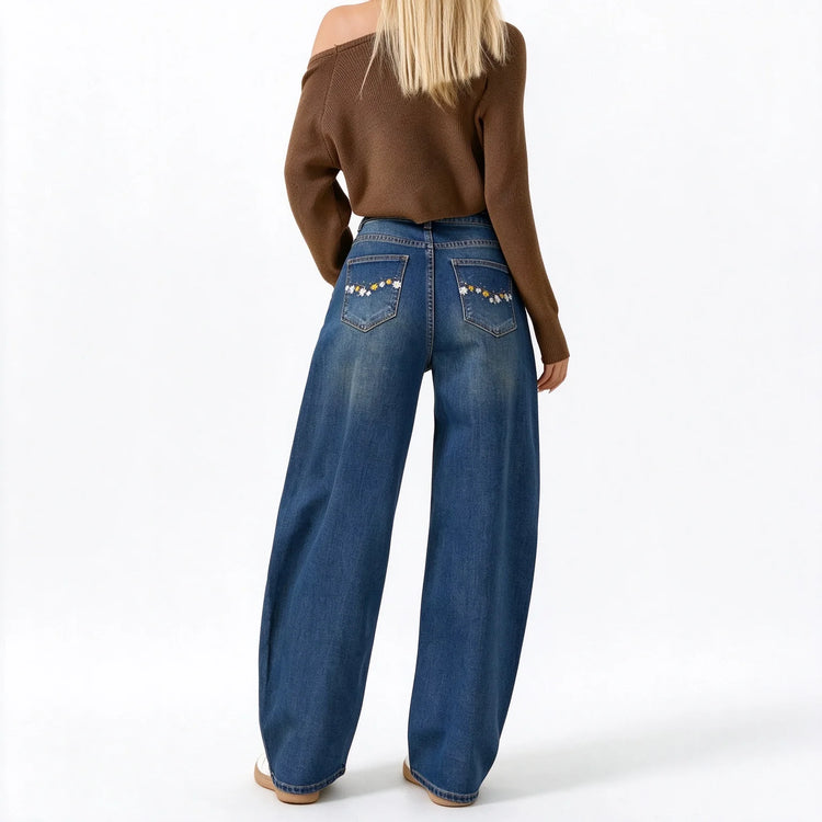 Women’s High-Waisted, Wide-Leg Jeans with Daisy Embroidery on the Pockets, Vintage Blue Denim with Faded Wash, Soft Casual Trousers for Everyday Wear  JF-593
