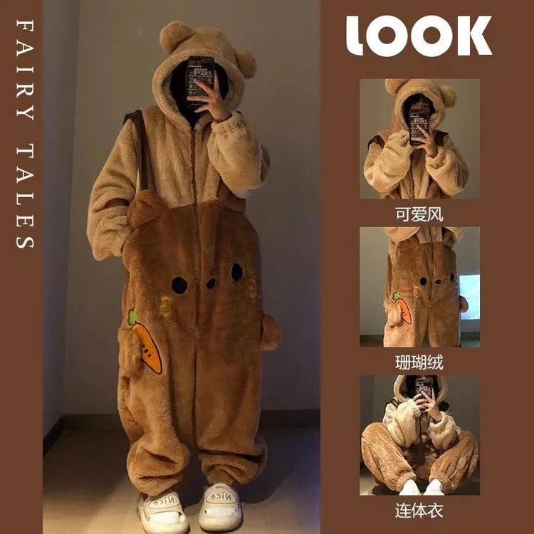 Girls Cartoon Bunny Kigurumi Onesie Pajamas Winter Thick Plush Fleece Hooded Jumpsuit Sleepwear Cute Bow Homewear Loungewear