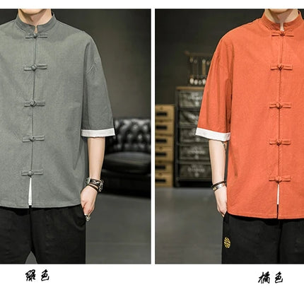 Camicia stile giapponese da uomo estiva cinese colletto rialzato Yukata Kimono Samurai Indossare T-shirt color block Hanbok Cappotto casual