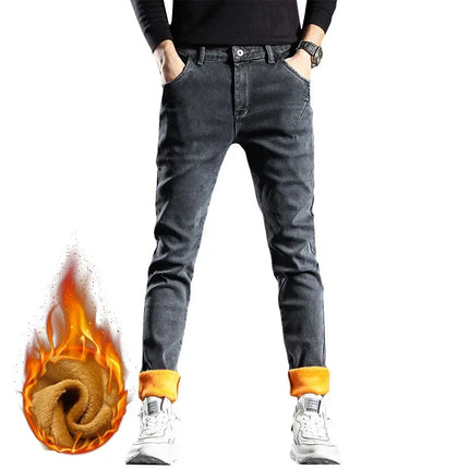 Men's Winter Warm Fleece Lined Jeans Washed Cotton Slightly Stretch Slim Fit Casual Grey Denim Pants Daily Versatile Trousers