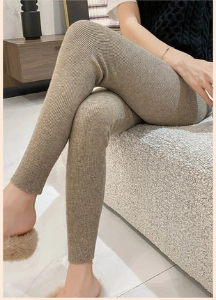 Autumn Winter Women Wool Thickening Leggings High Waist Ribbed Vertical Stripe Casual Knitted Leggings Warm Wear out Pantyhose PlatiNum