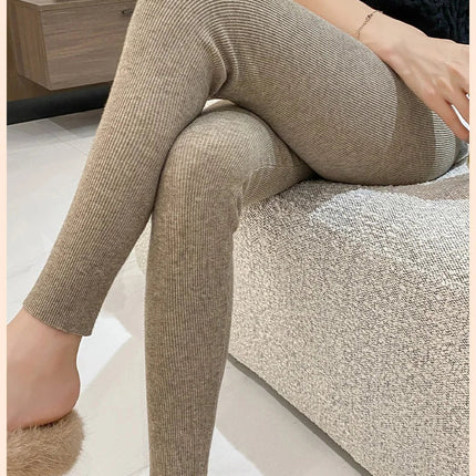 Autumn Winter Women Wool Thickening Leggings High Waist Ribbed Vertical Stripe Casual Knitted Leggings Warm Wear out Pantyhose PlatiNum