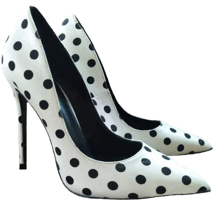 New round polka dot silk high heels with pointed toe, shallow mouth, thin heel 12cm Sexy French Girl Single Shoes PlatiNum